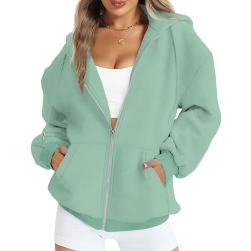 FANCYINN Womens Zip Up Hoodies Long Sleeve Oversized Sweatshirts Casual Drawstring Fall Fleece Jacket with Pockets Medium A-light Green