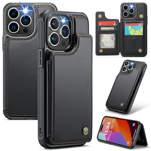 for iPhone 16 Pro Case with RFID Blocking and 4 Credit Card Holder, Premium Durable Slim Leather Magnetic Clasp Kickstand Heavy Duty Shockproof Protective Cover.- Black Black iPhone 16 Pro