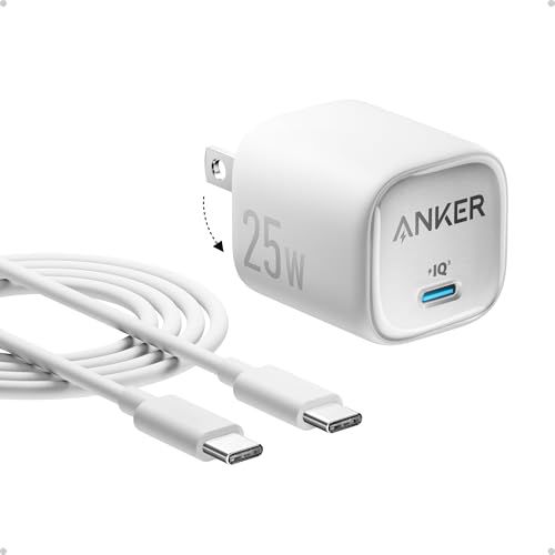 Anker 25W USB C Charger Block, Compact and Foldable, Supports PPS Fast Charging for Galaxy S24/Z Fold/Z Flip/Tab, iPhone, iPad (White, 1pack with Cable)
