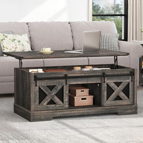 YITAHOME Farmhouse Lift Top Coffee Table, Square Wood Center Table with Large Hidden Storage Compartment for Living Room, Rustic Cocktail Table with Lift Top for Home Office,Dark Rustic Oak 