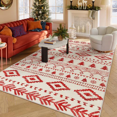 Lahome Christmas Rug Red Living Room Rug, 5x7 Bedroom Rugs for Living Room Washable Moroccan Soft Kids Playroom Rug Non-Slip Low-Pile Farmhouse Snowflake Dining Room Carpet Christmas Red 5x7