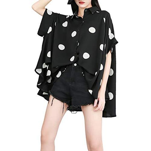 ellazhu Women's Batwing Sleeve Polka Dot Printed Button Down Blouse Oversized Shirt Top for Summer GY1903 One Size Black