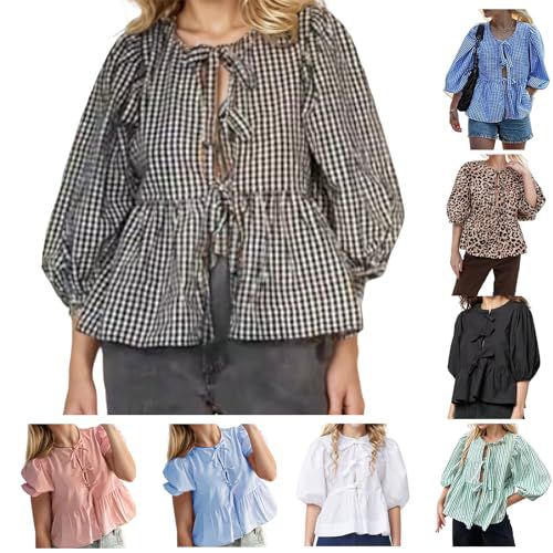 FQFGGYD Women's Dressy Casual Shirt Top Baggy Blouse Striped Lace-up Crewneck Puffy Sleeve Tunic T-Shirt Cute Going Out Tops Black