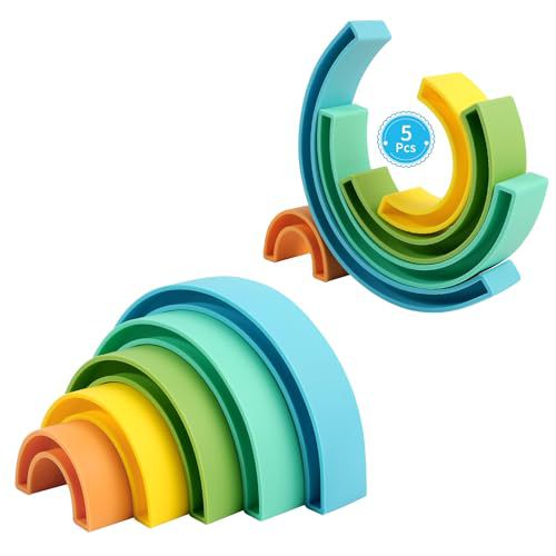 MCGMITT Rainbow Stacking Toy, Silicone Rainbow Stacker for Toddlers, Montessori Nesting Puzzle Blocks, Building Creative Color Shape Matching Toy Set, Early Development Gift for Kids Boy Gir