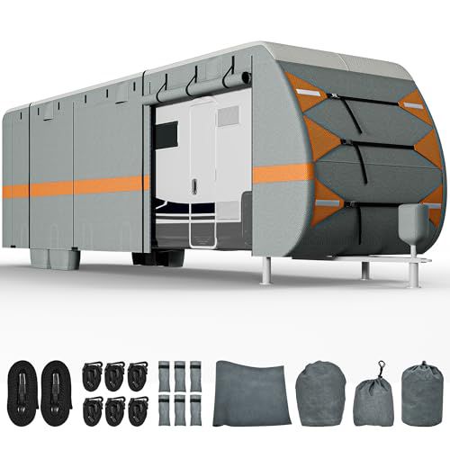 YITAHOME 27-30FT Travel Trailer Cover RV Cover Camper Cover Super Thick Waterproof Windproof Anti-UV Rip-Stop Motorhome Covers with 2 Long Straps 4 Tire Covers Tongue Jack Cover Orange Gray 