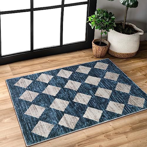 Lahome Moroccan Trellis Area Rug - 2x3 Small Indoor Front Door Mat Non Slip Entryway Throw Rug, Checkered Soft Washable Modern Carpet for Kitchen Bathroom Hard Wood Floor Rug, Blue 2' x 3' (