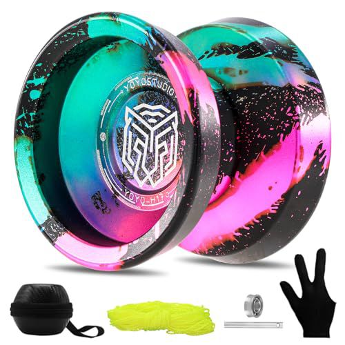 YOYOSTUDIO H17 Trick Yoyo Professional Metal Yoyo for Kids 8-12 Responsive Yo Yo for Kids Adults with Unresponsive Yoyos Bearings Kits, 10 Yo-Yo Strings, Case & Glove (Black Green Pink) H17-