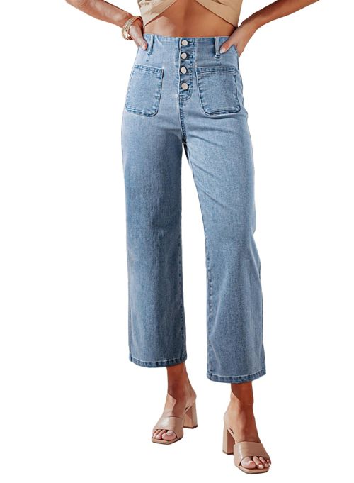 Sidefeel Women's Wide Leg Jeans High Waisted Stretchy Straight Leg Jeans Buttoned Loose Denim Pants with Pocket 12 Short Water Blue