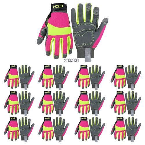 HANDLANDY Hi-vis Reflective Work Gloves, Anti Vibration Safety Gloves, Touch Screen, Orange Flexible Spandex Back Medium 12 Pair Hi-vis Yellow Pink-women Size