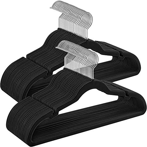 SONGMICS Velvet Hangers 50 Pack, Non-Slip Clothes Hangers, Suit Hangers with Shoulder Notches, Pants Bar, 360° Swivel Hook, Space-Saving, for Closet, Ink Black UCRF029B05 Black 50