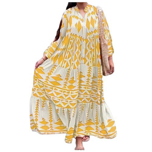 FQFGGYD Women's Boho Dress Casual Dresses Wedding Guest Dresses Long-Sleeved Pullover Button Print Plus Size Dress Midi Dress Yellow