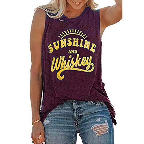 Fuyxxmer Sunshine and Whiskey Tank Tops Women Sleeveless Casual Letter Print Drinking Party Tops T-Shirt Purple X-Large