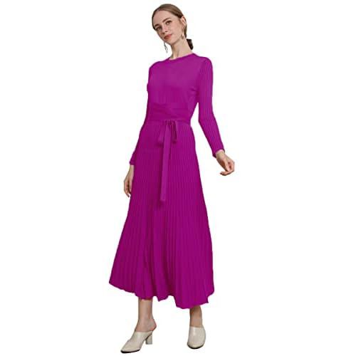 RanRui Womens Winter Fall Pleated Knitted Fit and Flare Long Sleeve Sweater Dress 6-8 A-plum