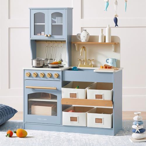 Tiny Land Wooden Play Kitchen Set - Toy Storage System, Plenty of Play Features, Ages 3+ Blue