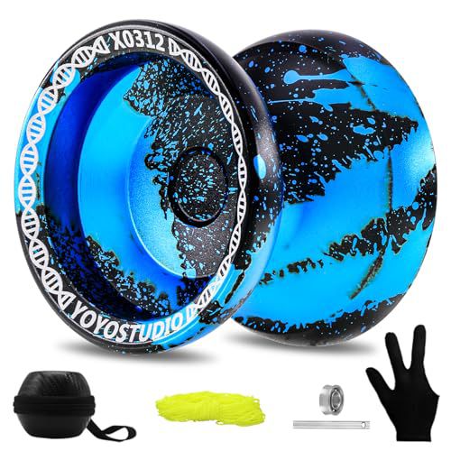 YOYOSTUDIO X0312 Trick Yoyo Professional Responsive Yoyo for Kids 8-12 or Above, Finger Spin Metal Yo yo for Adults with Unresponsive Yoyos Bearing Kit, 10 Yo-Yo Strings, Case & Glove - Blac