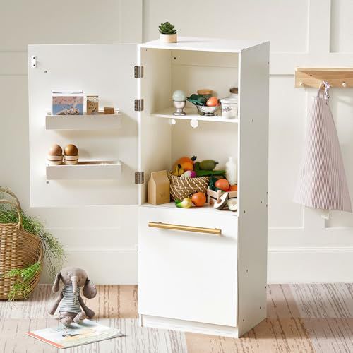 Tiny Land Wooden Toy Fridge with Spacious Storage, Realistic Play Kitchen Refrigerator for Kids’ Pretend Play with Three Freezer Magnets