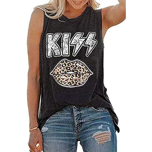 Fuyxxmer Womens Kiss Letter Print Leopard Lips Casual Round Neck Sleeveless Tanks Tops Black XX-Large