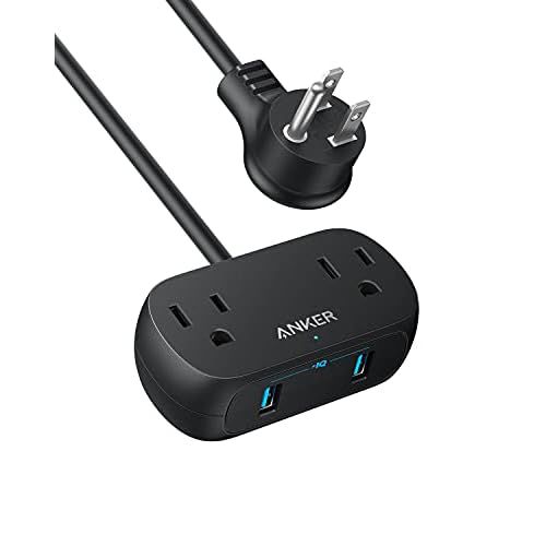 Anker Extension Cord with Multiple Outlets, 5ft Flat Plug Power Strip,2 USB Ports and 2 Outlets, Over Voltage Protection Safety System for Travel, Desk, and Home Office, TUV Listed White
