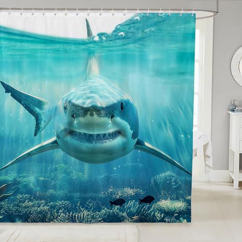 Feelyou Shark Shower Curtain for Stalls Bathtubs 3D Shark Fish Bathroom Shower Curtain Set Ocean Marine Theme Bath Curtain Room Decor Wild Animal in The Sea Waterproof Bathroom Curtains 72x7