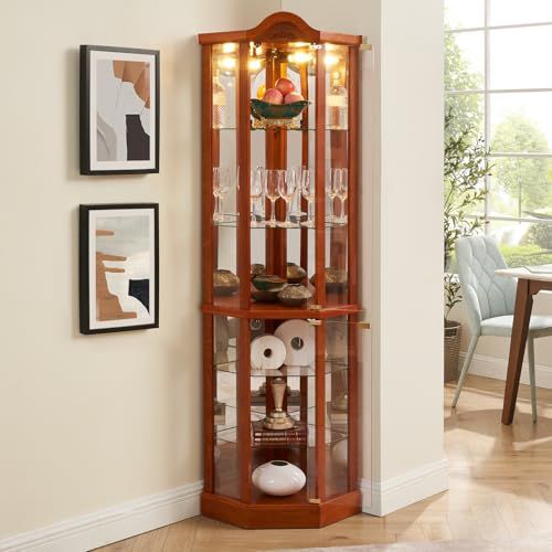 Corner Glass Display Cabinet: Tall Arched Curio Cabinets with Glass Doors & Adjustable Shelves | Lighted Wood China Cabinet - Bar and Liquor Storage Area for Living Room - Oak 71.9" Arched T