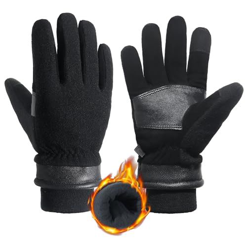 HANDLANDY Winter Gloves for Men Women, Thermal Gloves for Cold Weather Driving Cycling Ski Outdoor, Insulated Leather Work Gloves (Small, Black) Small Black- Leather