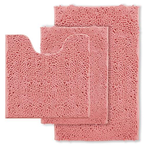 Pink Bathroom Rugs Chenille Bath Mat Set 3-Piece Bath Rugs for Bathoom Extra Soft Bath Mats for Bathoom Non Slip Absorbent Shag Bthroom Carpet, Machine Washable, Mats Sets 3 Toilet Rug