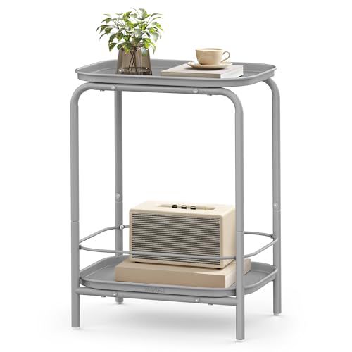 VASAGLE 2-Tier Outdoor Table, Small Side End Table with Tray Storage, Bedside Nightstand for Living Room, Bedroom, Modern Style, Dove Gray ULET243G01