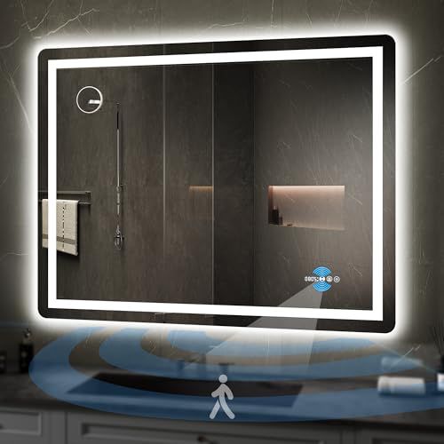 YITAHOME LED Bathroom Mirror, LED Mirror for Bathroom, with 10x Suction Glass, Infrared Sensing, 3 Colors Dimmable, Front and Backlit, Anti-Fog, Touch Button, 5mm Tempered Glass, Waterproof