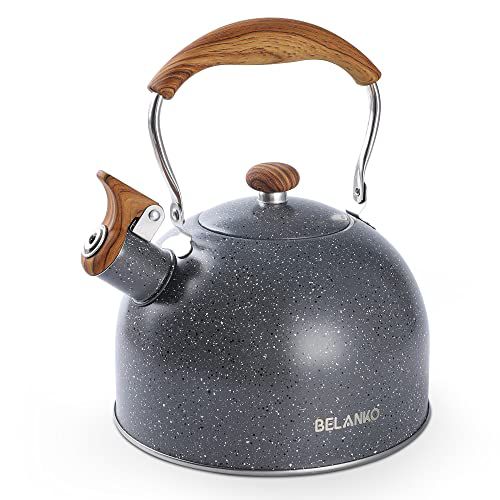 Tea Kettle, BELANKO 85 OZ / 2.5 Liter Whistling Tea Kettle, Tea Pots for Stove Top Food Grade Stainless Steel with Wood Pattern Folding Handle, Loud Whistle Kettle for Tea, Coffee, Milk - Gr