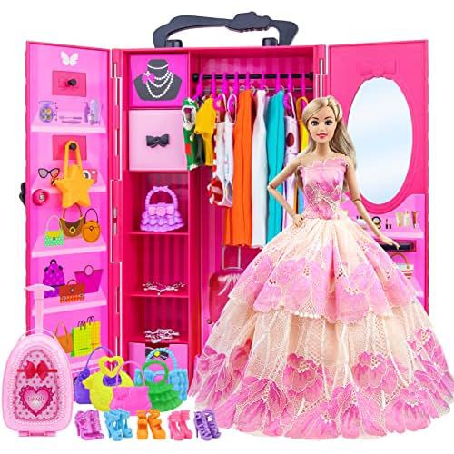 ZITA ELEMENT 11.5 Inch Girl Doll Closet Wardrobe with Clothes and Accessories Set 101 Pcs Including Wardrobe Suitcase Clothes Dresses Swimsuits Shoes Hangers Necklace Bags and Other Stuff 10