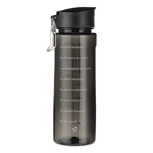WATERFLY Motivational 24oz Water Bottle: BPA-free Leakproof Lightweight Wide Mouth Tritan Chug Waterbottle With Measurement Marker Drinking Time Reminder for Daily Hiking Gym Black 23.7 Ounc