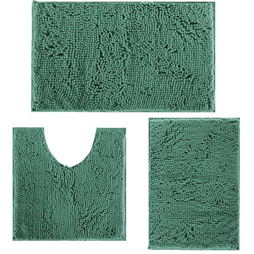 Run Helix Bathroom Rugs Chenillen Bath Rug Set 3 Piece Non-Slip Mats, Absorbent Shaggy Rugs, Machine Wash, Perfect Plush Carpets with U-Shaped Toilet Deep Green, 16〞x24〞&20〞x32〞&20〞x20〞U Sha