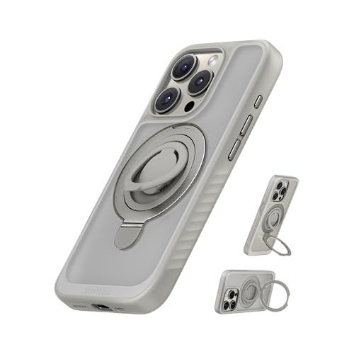 Anker Magnetic Ring Stand for iPhone 15 Pro Case, Silicone Finger Ring Grip Stand Holder, Military Grade Drop Tested, Compatible with MagSafe, Built in Kickstand, Anti-Fingerprint, Titanium 