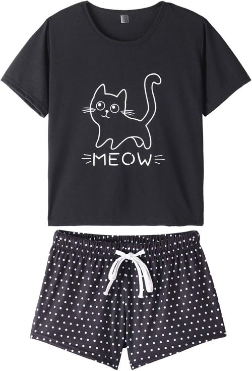 MyFav Summer Pyjamas for Women 2 Piece Cute Cat Sleepwear Pyjama Sleep Set M Black