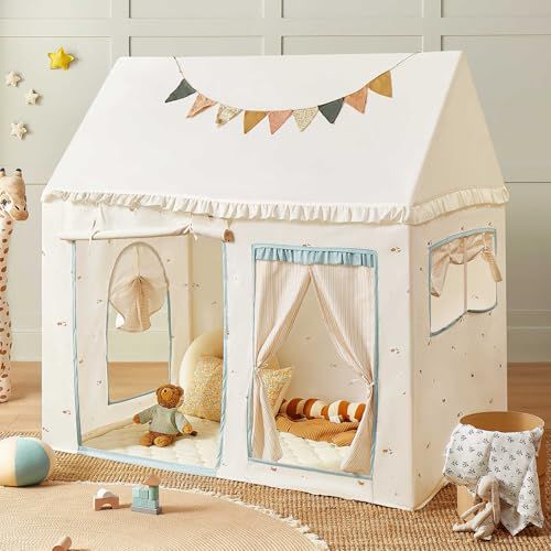 Tiny Land Kids Tent with Mat, Kids Play Tent for Toddlers, Playhouse for Kid Indoor, Ideal Toy Gift for 3+ Boys, Play Room Furniture Blue and Off-white