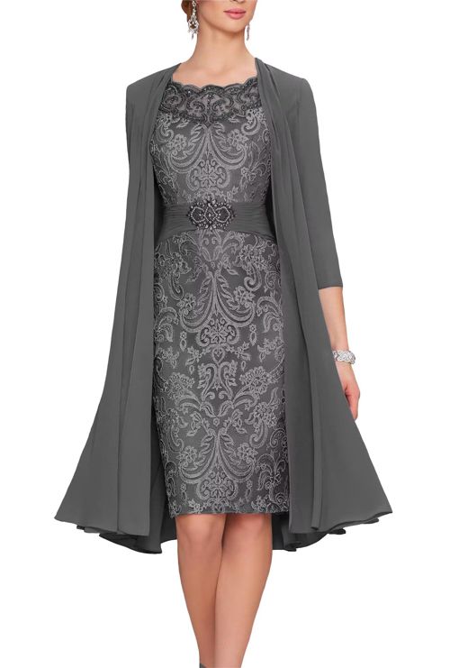 Gorgeous 2 Pieces Beaded Mother of The Bride Dresses with Jacket 3/4 Sleeve Lace Chiffon Evening Formal Gown Grey 20 Plus