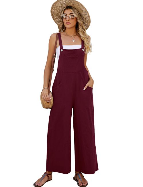 COZYPOIN Women's Cotton Bib Overalls Wide Leg Loose Fit Jumpsuit Baggy Fashion Sleeveless Rompers 3X-Large Burgundy