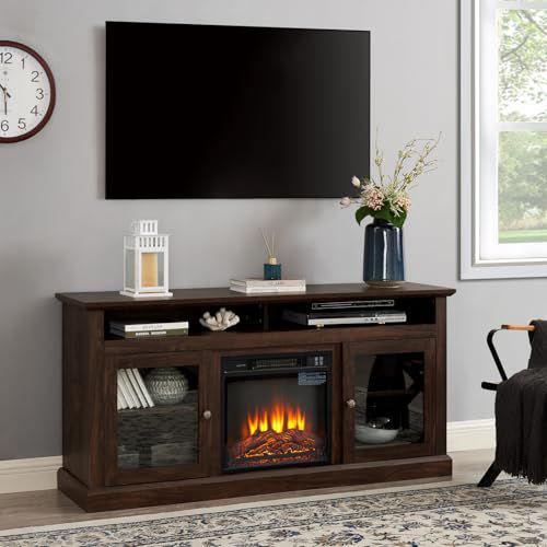 TV Stand with Electric Fireplace: Rustic Wood Entertainment Center for 65 Inch TV | Spacious Tall TV Cabinet with Adjustable Shelves and Storage Console for Living Room - Brown TV Stand with