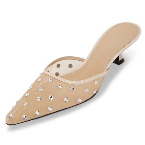 Crystal Embellished Tulle Mules for Women Mesh Rhinestone Kitten Heel Mules Slip On Clear Pointed Toe Dress Shoes 8.5 Beige