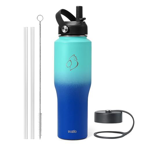 BUZIO Insulated Water Bottle Fits in Cup Holder, Double Wall Vacuum Insulated Tumbler with Straw Lid, Stainless Steel Leak-proof Travel Cup Keeps Cold for 48H and Hot for 24H, 32oz, Caribbea