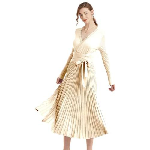 RanRui Womens Winter Fall Pleated Knitted Fit and Flare Long Sleeve Sweater Dress 6-8 B-beige