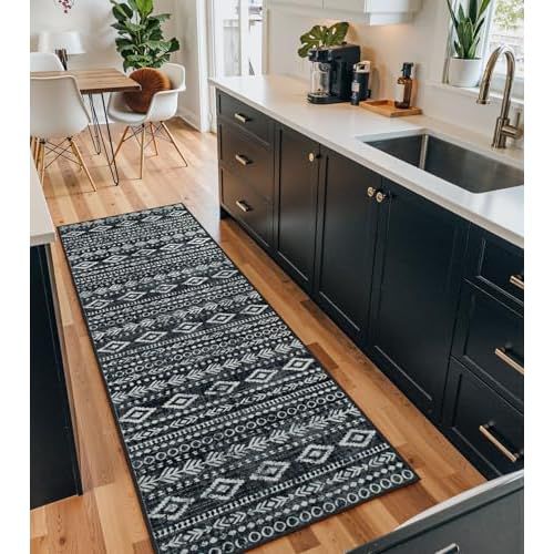 Lahome Boho Moroccan Runners for Hallways, Washable 2.5x8 Black White Hallway Runner Non-Slip Kitchen Runner Rug 8ft, Low-Pile Soft Tribal Indoor Carpet Runner for Entryway Bedroom Black/Whi