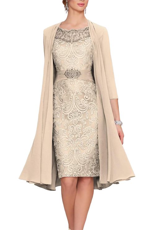 Gorgeous 2 Pieces Beaded Mother of The Bride Dresses with Jacket 3/4 Sleeve Lace Chiffon Evening Formal Gown Champagne 14