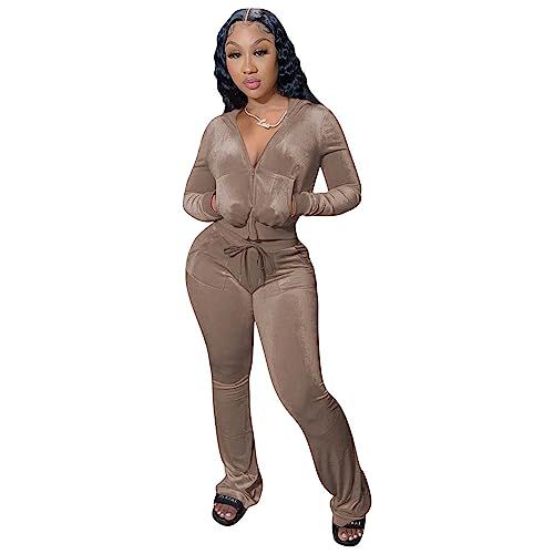 yidengymx Womens 2 Piece Velour Tracksuit Two Piece Outfits for Women Long Sleeve Zip Up Crop Tops Sweatpants Sets Pockets X-Small Hoodie/Wide Leg Pan