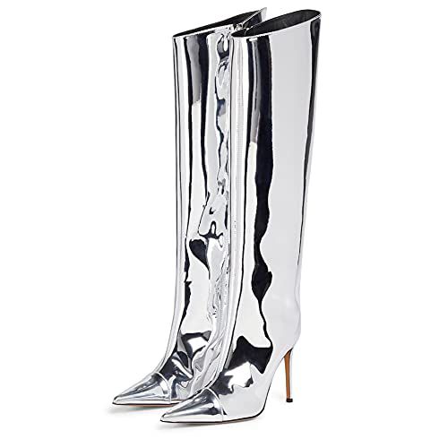 Arqa Metallic Boots for Women Pointed Toe High Stiletto Heel Knee High Boot Fashion Chrome Zipper Boot Dressy Party Shoes 8 Silver