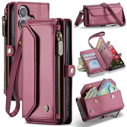 for iPhone 16 Case with 7 Card Slots RFID Blocking Magnetic Closure Zipper Cash Bills Pocket, Premium PU Leather with Crossbody Wristlet Strap - Red Red iPhone 16