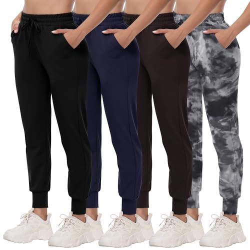 CAMPSNAIL 4 Pack Joggers for Women - Sweatpants with Pockets Lightweight Comfy Yoga Pants for Workout Travel Lounge Black/Black Tie Dye/Dark Grey Cation/Light Grey Cation Medium