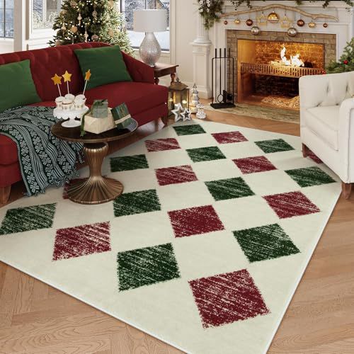 Lahome Christmas Area Rug 5x7 Washable Living Room Rug, Large Soft Bedroom Rug, Checkered Moroccan Non Slip Non Shedding Low Pile Accent Print Indoor Carpet for Winter Dining Room Decor, Red