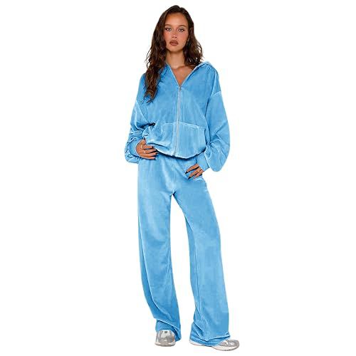 yidengymx Womens 2 Piece Velour Tracksuit Two Piece Soft Velvet Hooded Outfits for Women X-Small Hoodie/Straight Pants-blue