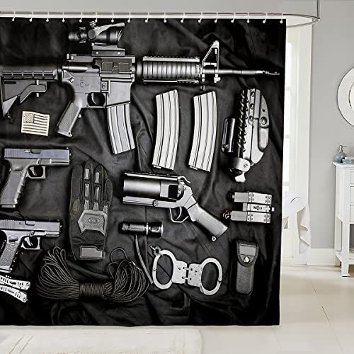 Feelyou Army Rifle Machine Gun Shower Curtain Gun Pattern Bath Curtain for Kids Teens War Theme Bathroom Fabric Shower Curtain Set Military Themed Waterproof Curtains Stalls Bathtubs Decor 7